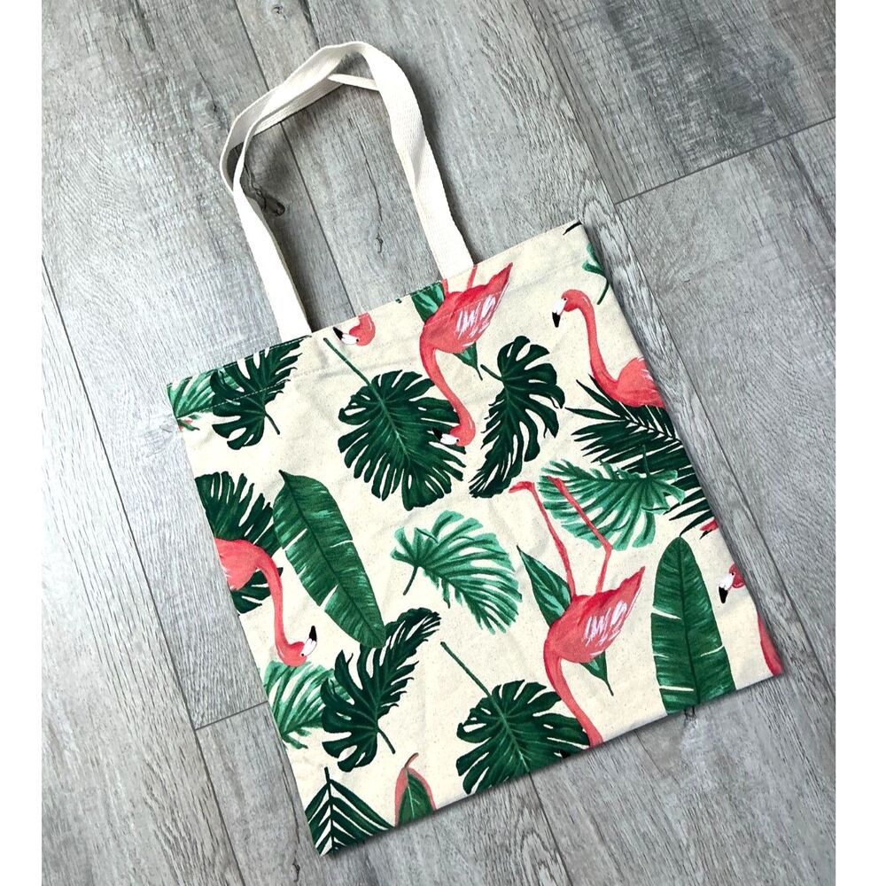 Old Navy Flamingo Tropical Leaf Cotton Canvas Tote Bag Beach Vacation